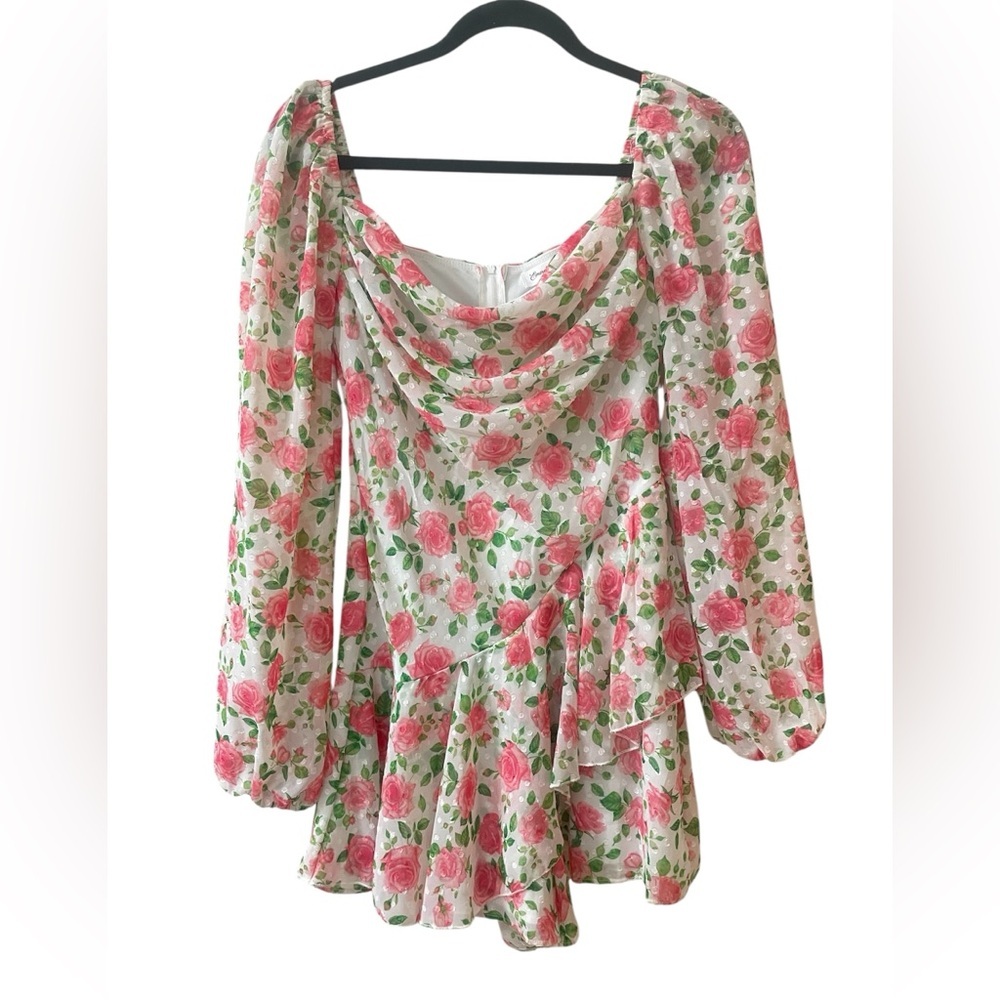 Pink Floral Long Sleeve Draped Flowy Romper Small